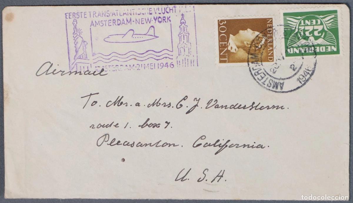 Sellos: HOLANDA CC 1946 PRIMER VUELO AMSTERDAM NEW YORK KLM