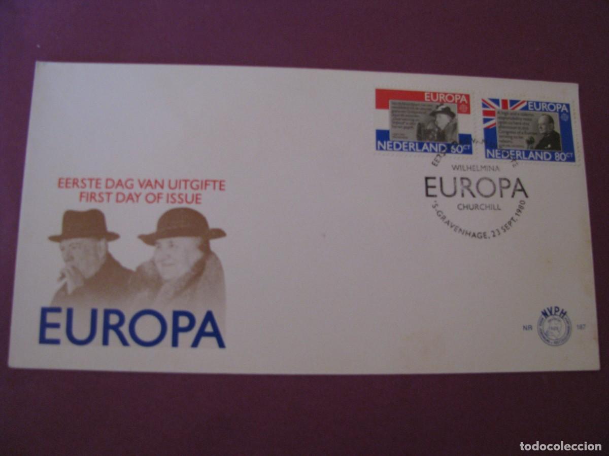 Sellos: SOBRE PRIMER DIA PAISES BAJOS 1980 - EUROPA CEPT CHURCHILL Y REINA GUILLERMINA