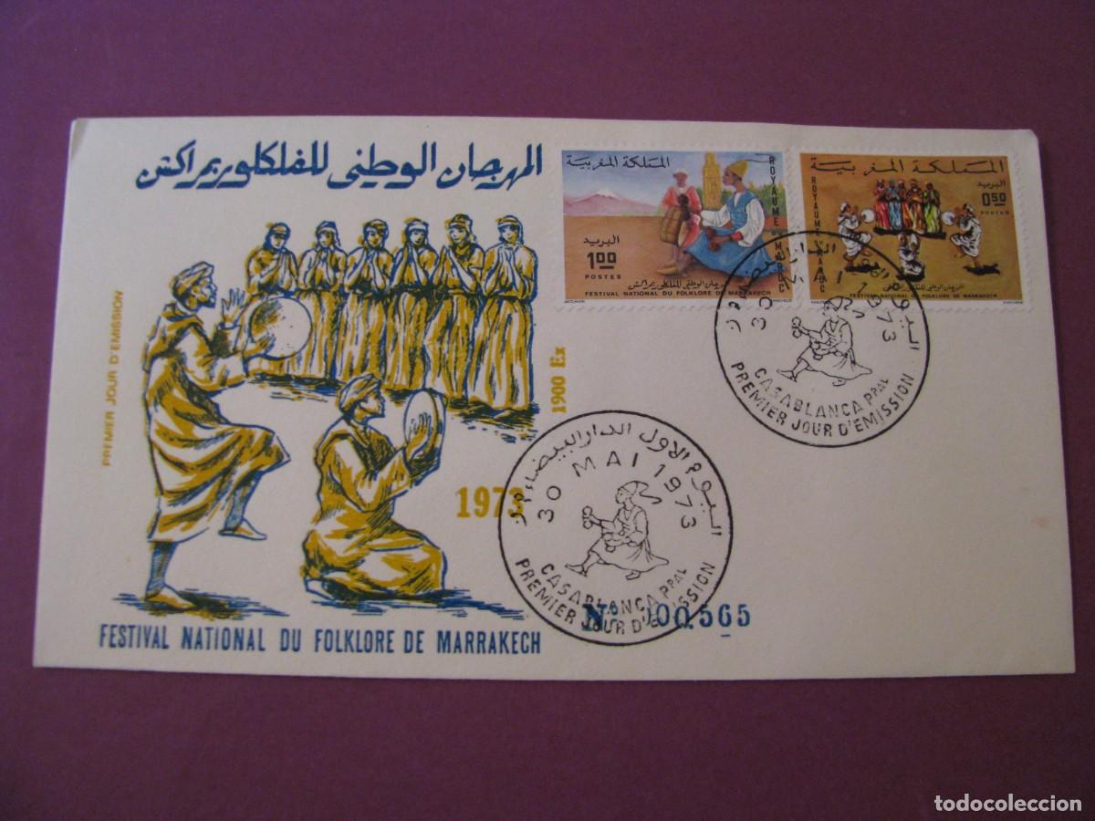 Sellos: SOBRE PRIMER DIA MARRUECOS 1973 - FESTIVAL NACIONAL FOLCLORE DE MARRAKECH. NUMERADO