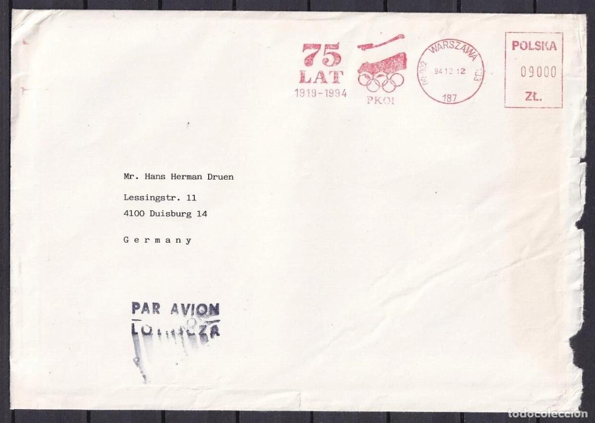 Sellos: POLONIA 1994 FRANQUEO MECANICO METER 75 A&Ntilde;OS DEL COMITE OLIMPICO POLISH OLYMPIC COMITEE