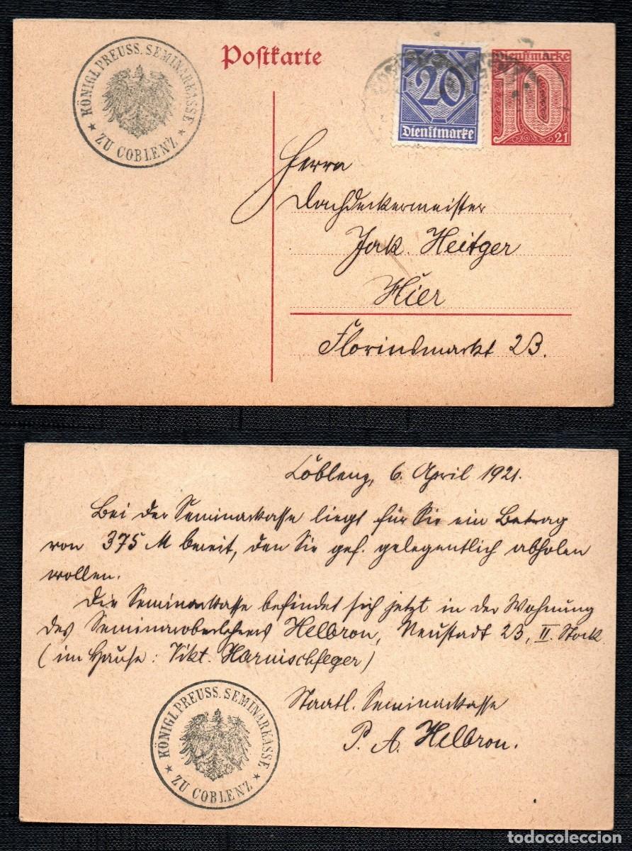 Sellos: ALEMANIA REPUBLICA WEIMAR. 1921. ENTERO POSTAL .COBLENZ