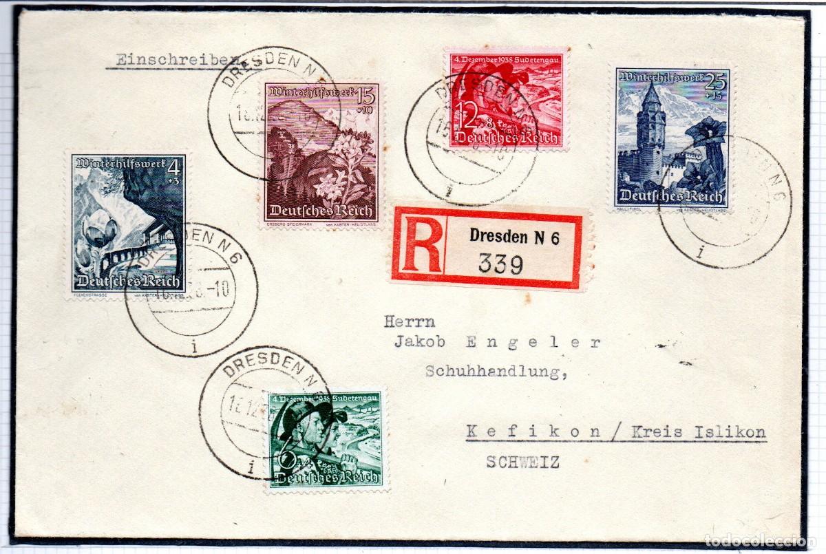 Sellos: ALEMANIA TERCER REICH. 1938. CARTA CERTIFICADA DRESDEN A ISLIKON. SELLOS CON SOBRETASA