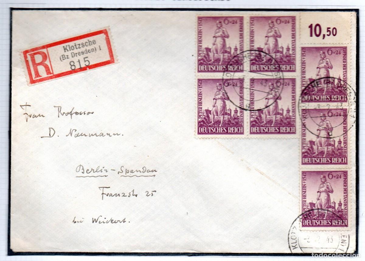 Sellos: ALEMANIA TERCER REICH. 1943. CARTA CERTIFICADA KLOTZSCHE. MI 819. BLOQUE CON NUMERACI&Oacute;N DE LA SERIE