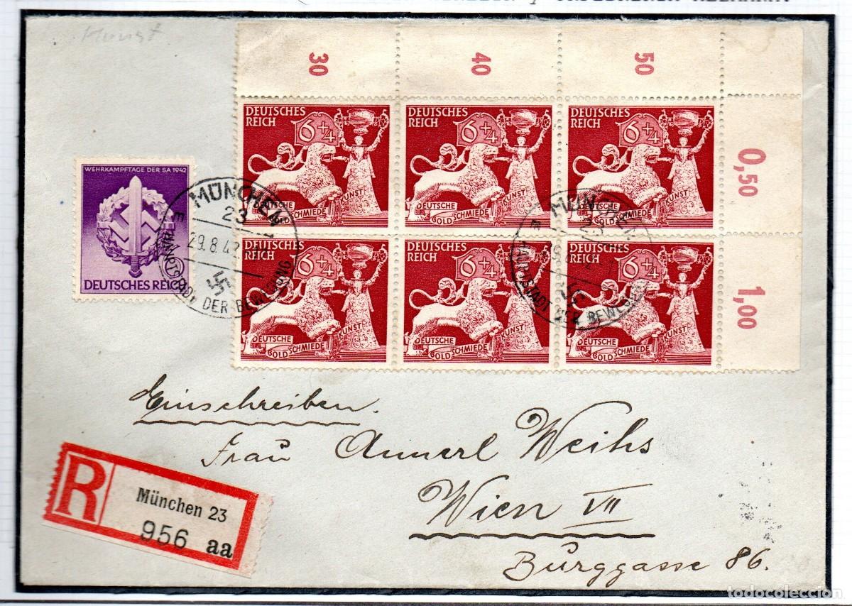 Sellos: ALEMANIA TERCER REICH. 1943. CERTIFICADA M&Uuml;NCHEN. MI 816, 818. BLOQUE CON NUMERACI&Oacute;N DE LA SERIE ORF