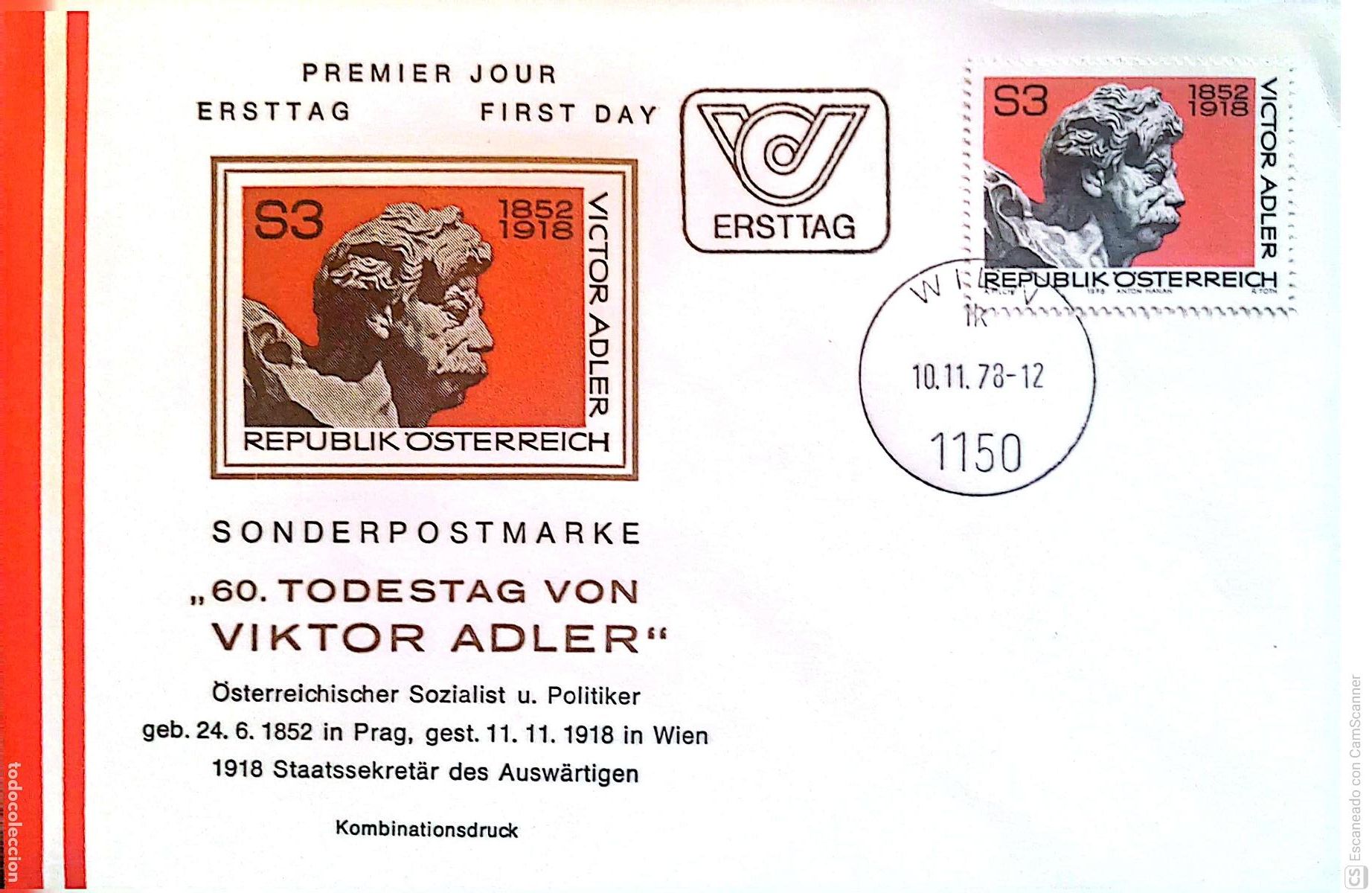 Sellos: Austria. SPD 1418 Aniversario muerte del pol&iacute;tico ViktorAdler. Matasello Primer D&iacute;a, A&ntilde;o 1978