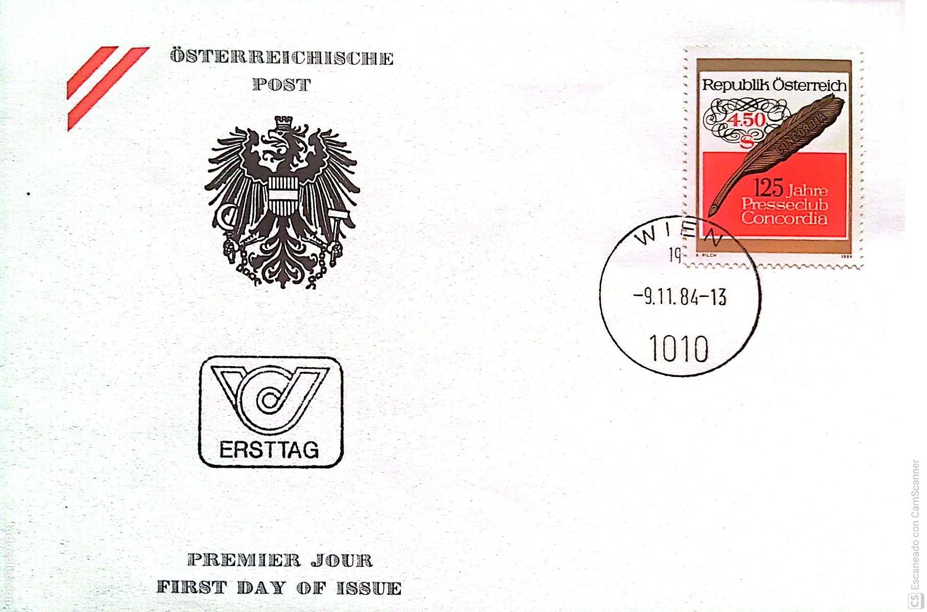 Sellos: Austria. SPD 1624 Aniversario del club de los periodisras Concordia, en VienaMatasello Primer D&iacute;a, A