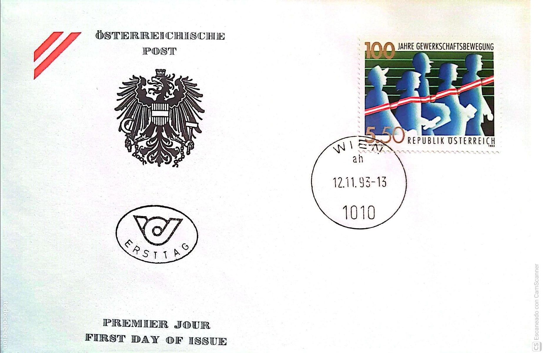 Sellos: Austria. SPD 1942 Centenario del Movimiento sindicalista austriaco. Matasello Primer D&iacute;a, A&ntilde;o 1993
