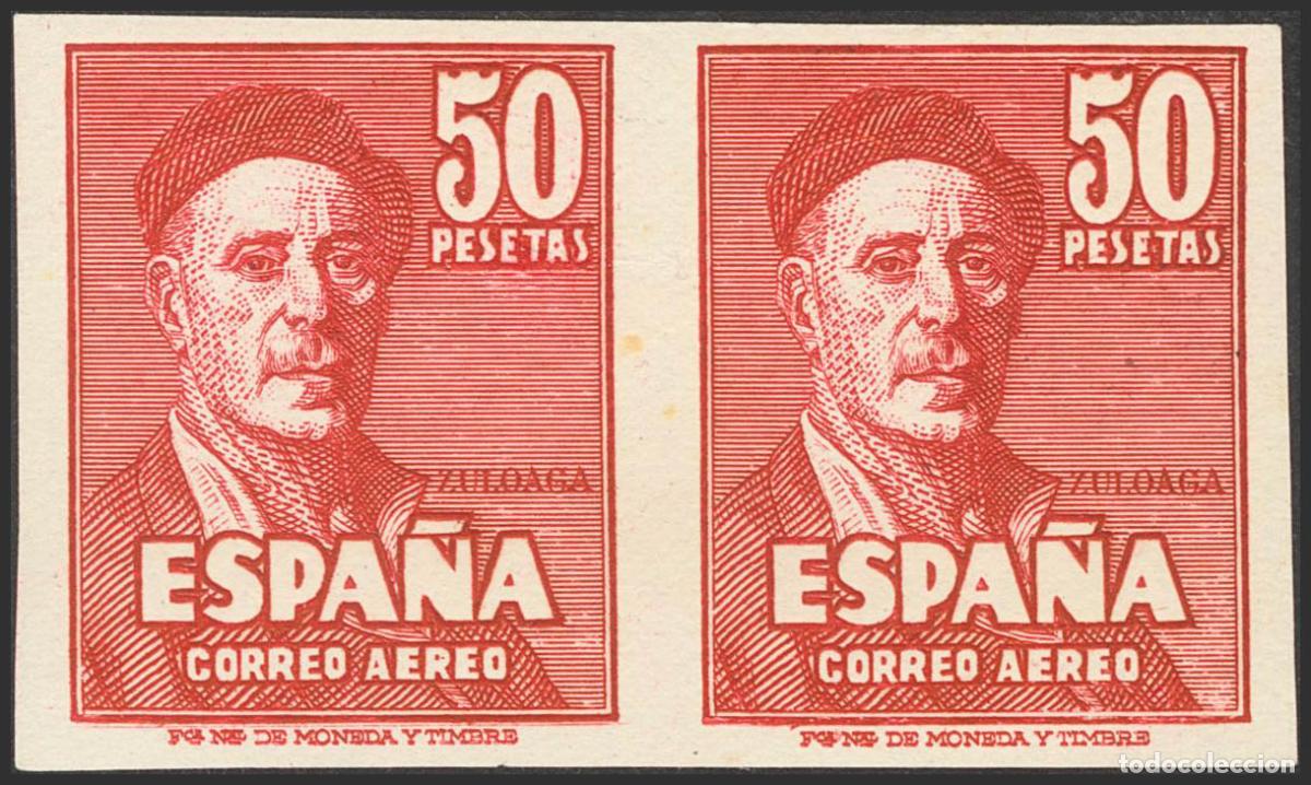 Sellos: Espa&ntilde;a. Estado Espa&ntilde;ol. * MH 1016s(2). 1947. 50 pts carm&iacute;n, pareja. SIN DENTAR. MAGNIFICA Y RARISIM