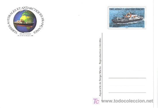 Sellos: TAAF ANTARTIDA FRANCESA TARJETA ENERO POSTAL ACUARELA DE SERGE MARKO PING&Uuml;INOS MAPA AVE PAJARO BUQUE