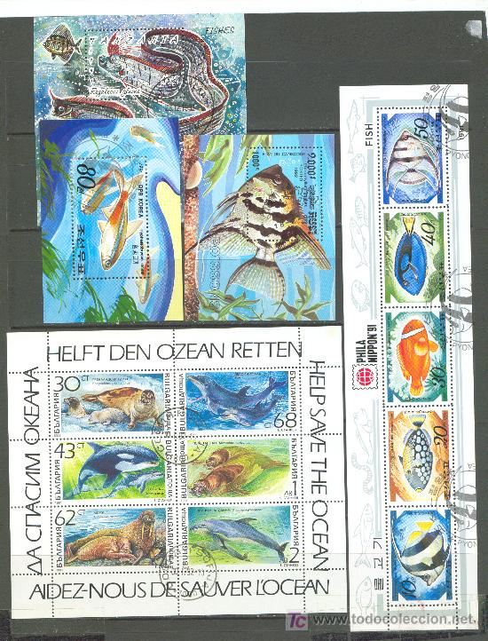 Timbres: 5 hojitas mataselladas. Tema fauna marina.