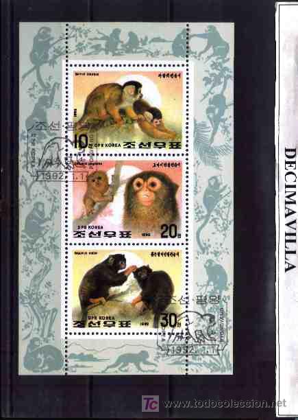 Sellos: FAUNA, COREA, MONOS, L136, HOJA-BLOQUE USADA - Foto 1