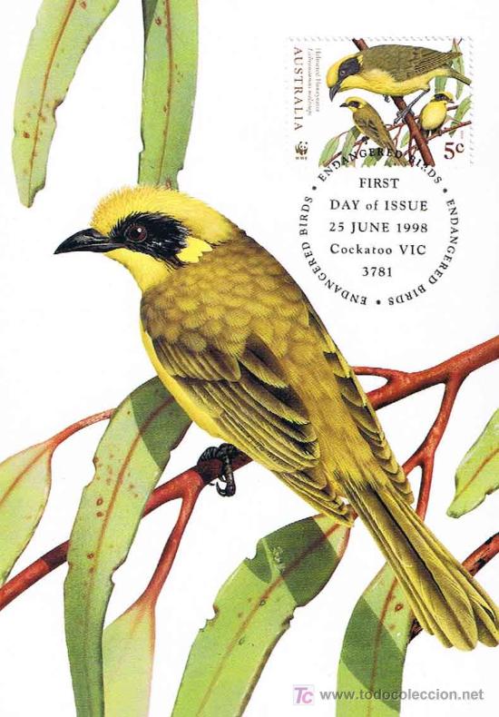 Briefmarken: AVES - HELMETED HONEYEATER (Lichenostomus melanops) - MELIFAGO AMARILLO