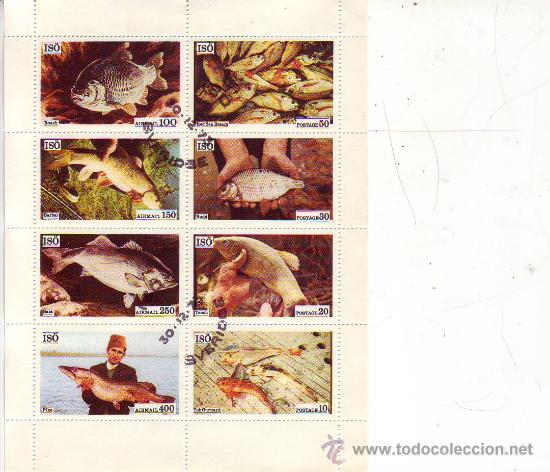 Sellos: Hoja de 8 sellos  peces