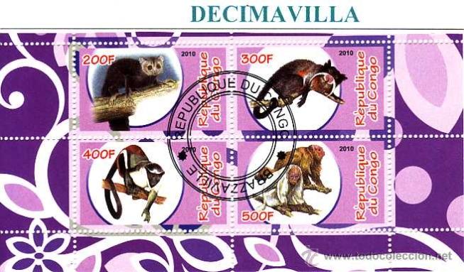 Sellos: FAUNA, PRIMATES, CONGO, 2010, L033, HOJA-BLOQUE USADA - Foto 1