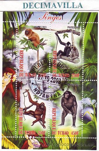 Sellos: FAUNA, MONOS, TCHAD, 2013, L565, HOJA-BLOQUE USADA - Foto 1