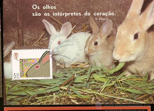 Sellos: Macau & Postal M&aacute;ximo, Ano Lunar do Coelho 1996 - Foto 1