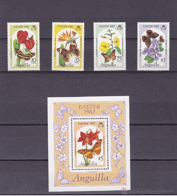 Sellos: MARIPOSAS/FLORES.ANGUILLA.1982.1 SERIE Y 1 HB.Y.-441/445-HB-41.NUEVAS.