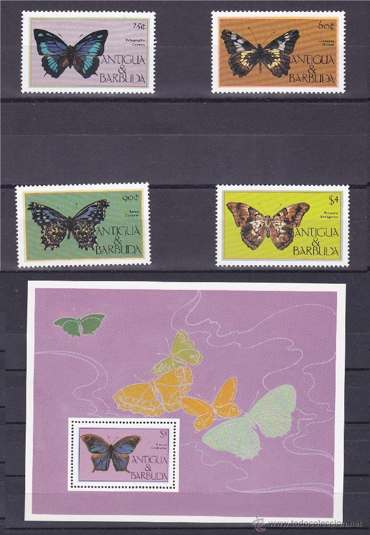 Sellos: MARIPOSAS.ANTIGUA Y BARBUDA.1985.1 SERIE Y 1 HB.Y.-824/827-HB-92.NUEVAS.