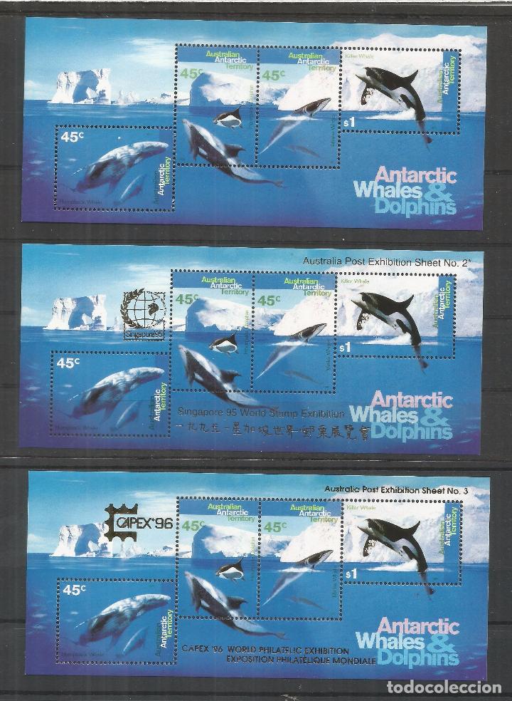 Briefmarken: AUSTRALIAN ANTARCTTIC TERRITORY WHALES AND DOLPHINS BALLENAS DELFINES TRES HOJITAS UAN CON SOBRECARG