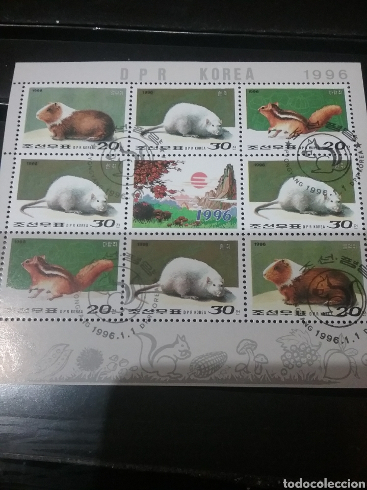 Sellos: HB Corea Norte (DPRK)/1996/A&ntilde;o nuevo, rata/fauna/roedores/animales/ardilla/conejo/paisaje