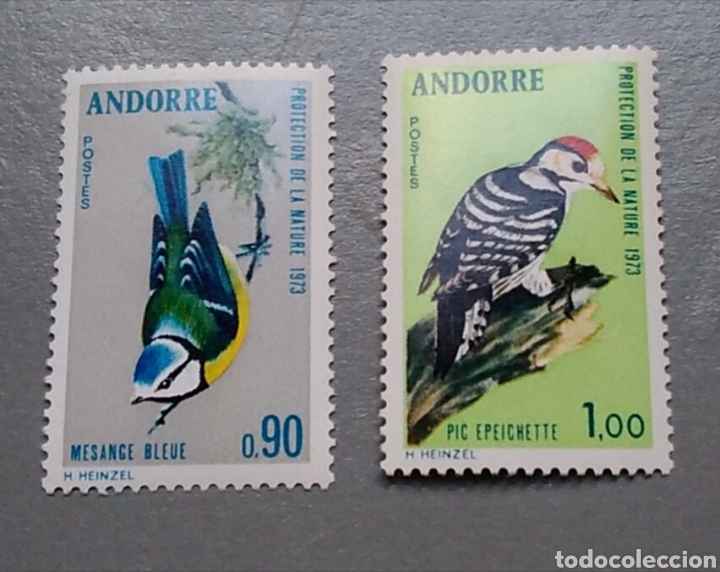 Sellos: Sellos Andorra Andorre francesa 232 / 33 p&aacute;jaros herrerillo y carpintero a&ntilde;o 1973 serie nueva