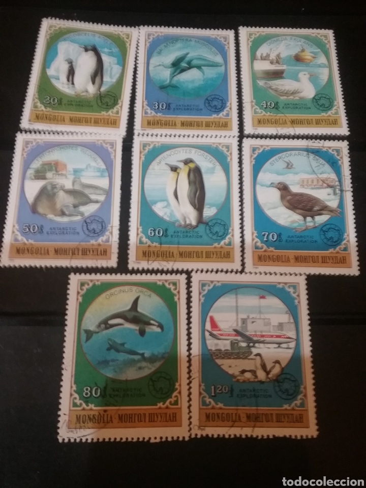 Sellos: Sellos R. Mongolia mtdos/1980/Exploracion del Antartico/fauna/delfin/ballena/foca/ping&uuml;ino/oruga/gav