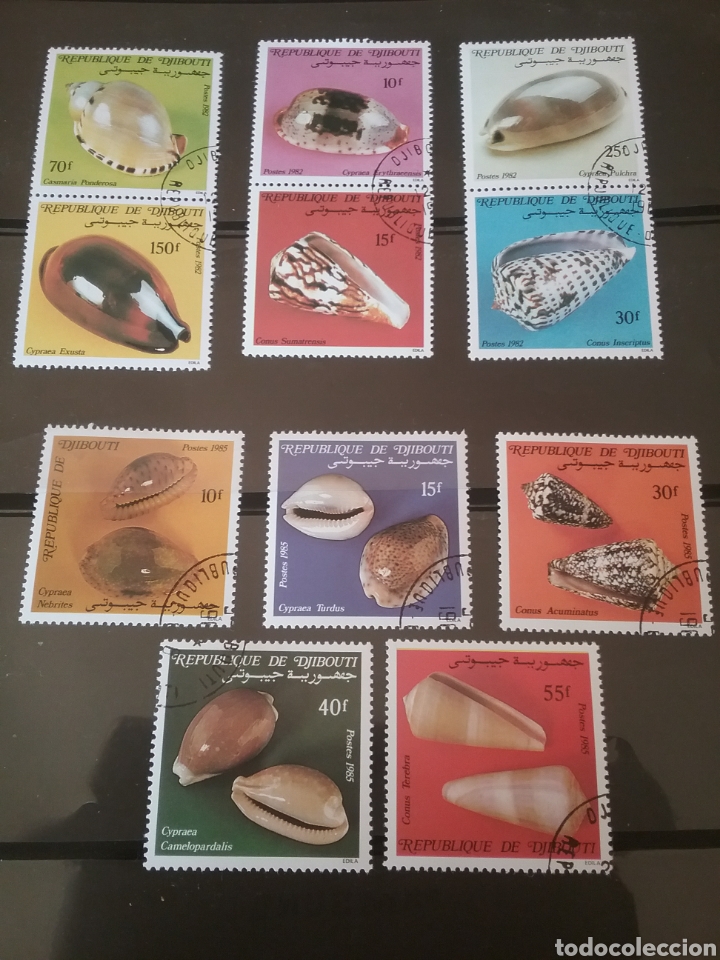 Sellos: Sellos R. Djibouti (Yibuti) mtdos(+/-se&ntilde;al bisagra)/1983-1985/Caracolas/conchas/vida, fauna marina/