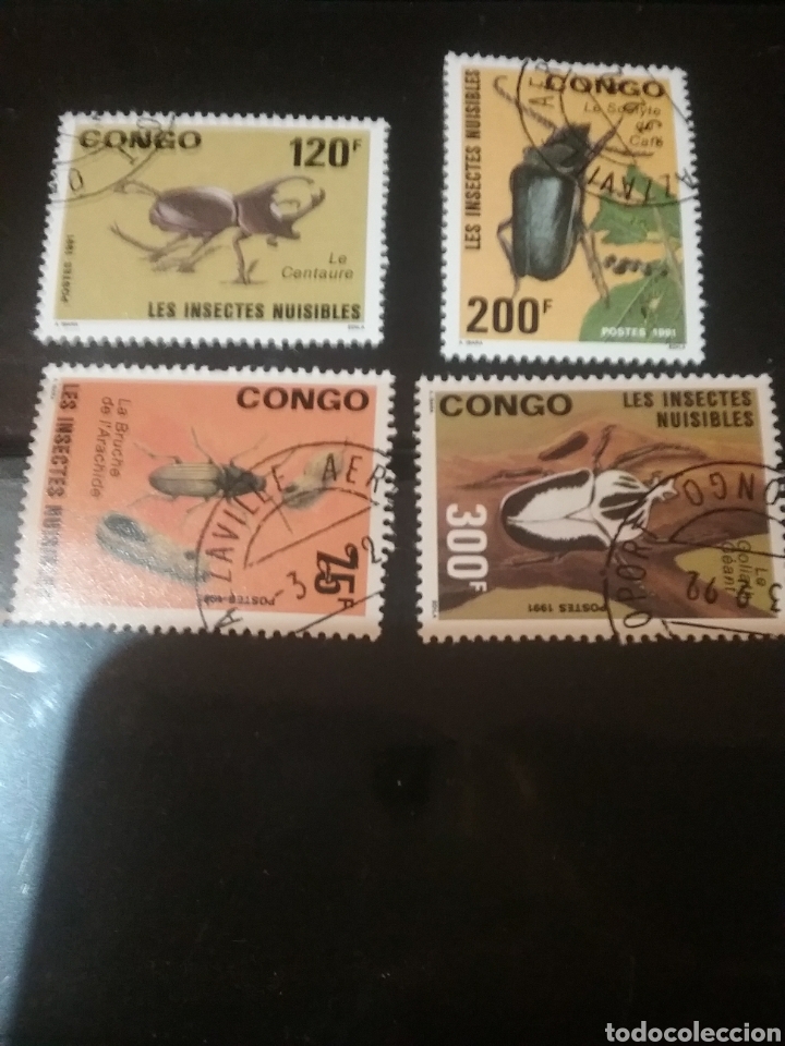 Sellos: Sellos R. Congo mtdos(+/-se&ntilde;al bisagra)/1991/Insectos/fauna/animales/escarabajo/teonco