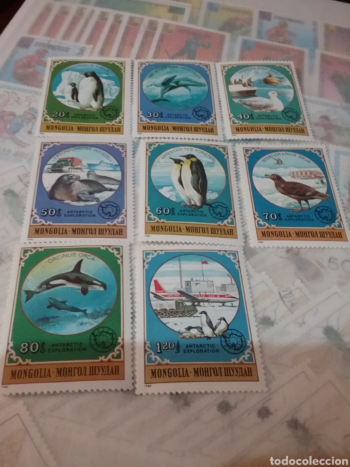 Timbres: Sellos R. Mongolia nuevo/1980/Exploracion del Antartico/fauna/delfin/ballena/foca/ping&uuml;ino/oruga/gav