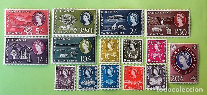 Timbres: Kenia&Uganda. 105, 107/120 Serie b&aacute;sica. Isabel II y sisal-caf&eacute;-gnou-avestruz-gacelas-cebras-leopard