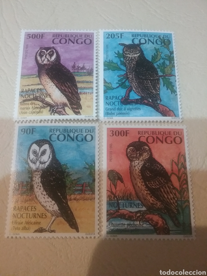 Sellos: Sellos R. Congo (Brazzaville) mtdos/1996/Buhos/aves/pajaros/animales/fauna/mochuelo/lechuza/