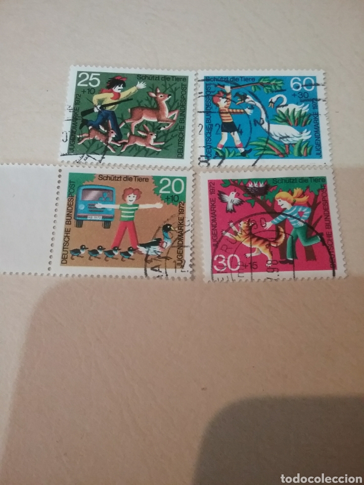 Sellos: Sellos Alemania, R. Federal mtdos/1972/ Proteccion animales/infancia/ni&ntilde;os/aves/gato/coche/ciervo