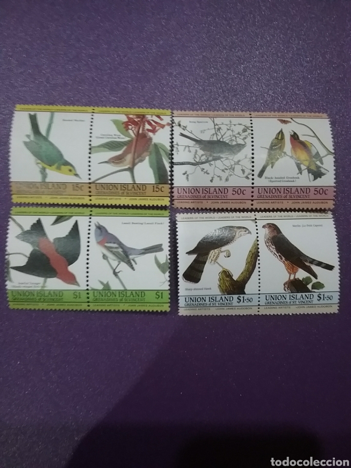 Briefmarken: Sellos Isla Union (G/S.V) nuevos/1985/200Aniv/nacimiento/J.J.Audubon/ornitologo/aves/pajaro/halcon/a
