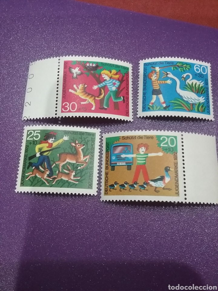 Timbres: Sellos Alemania, R. Federal mtdos/1972/ Proteccion animales/infancia/ni&ntilde;os/aves/gato/coche/ciervo