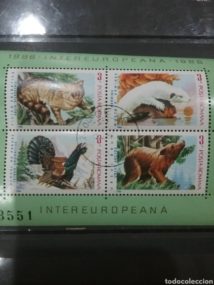 Sellos: HB Rumania (P. Romana) mtdos/1986/intereuropeana/conservacion/fauna/gato/urugallo/oso/mustela/natura