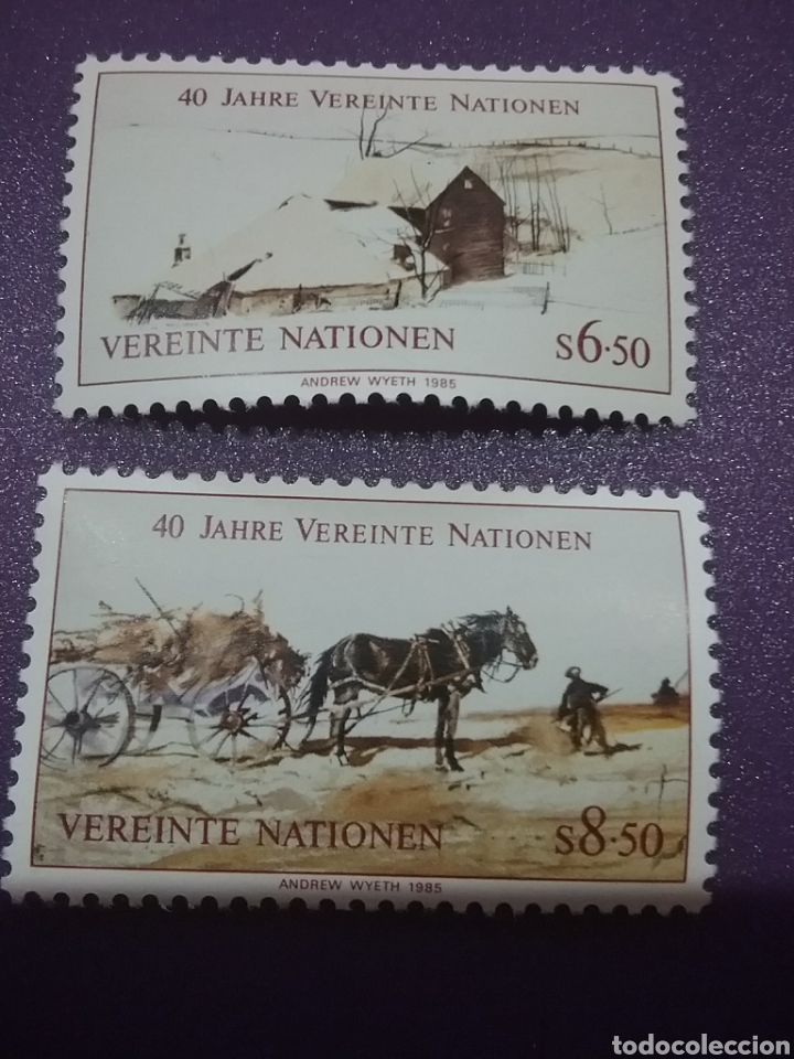 Sellos: Sello Naciones Unidas (Viena) nuevo/1985/40Aniv/O.N.U/arte/pintura/cuadros/caballo/carro/aldea/A/Wye
