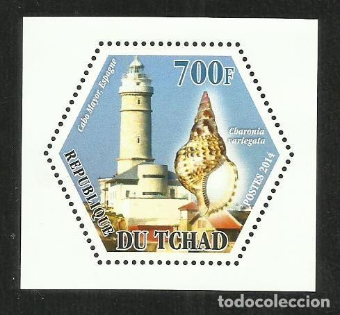 Sellos: TCHAD 2014 HOJA BLOQUE TEMATICA FAUNA MARINA- CARACOLES- FAROS CABO MAYOR ESPA&Ntilde;A- FARO