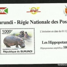 Sellos: BURUNDI 2011 HOJA BLOQUE SELLOS FAUNA AFRICANA- HIPOPOTAMOS - HIPOPOTAMO. Lote 302248948