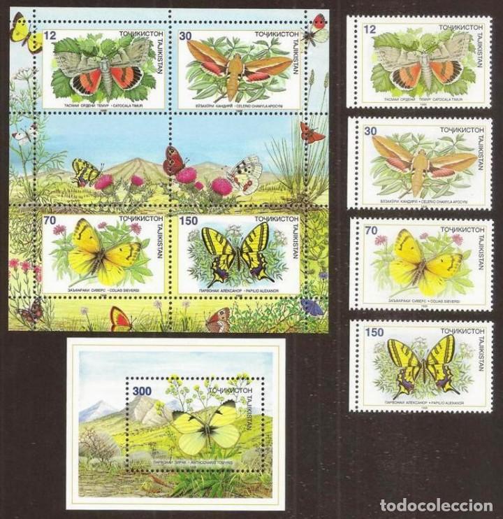Selos: TAJIKISTAN. 1998. 4 valores + HB + Minihoja. ***. Mariposas.