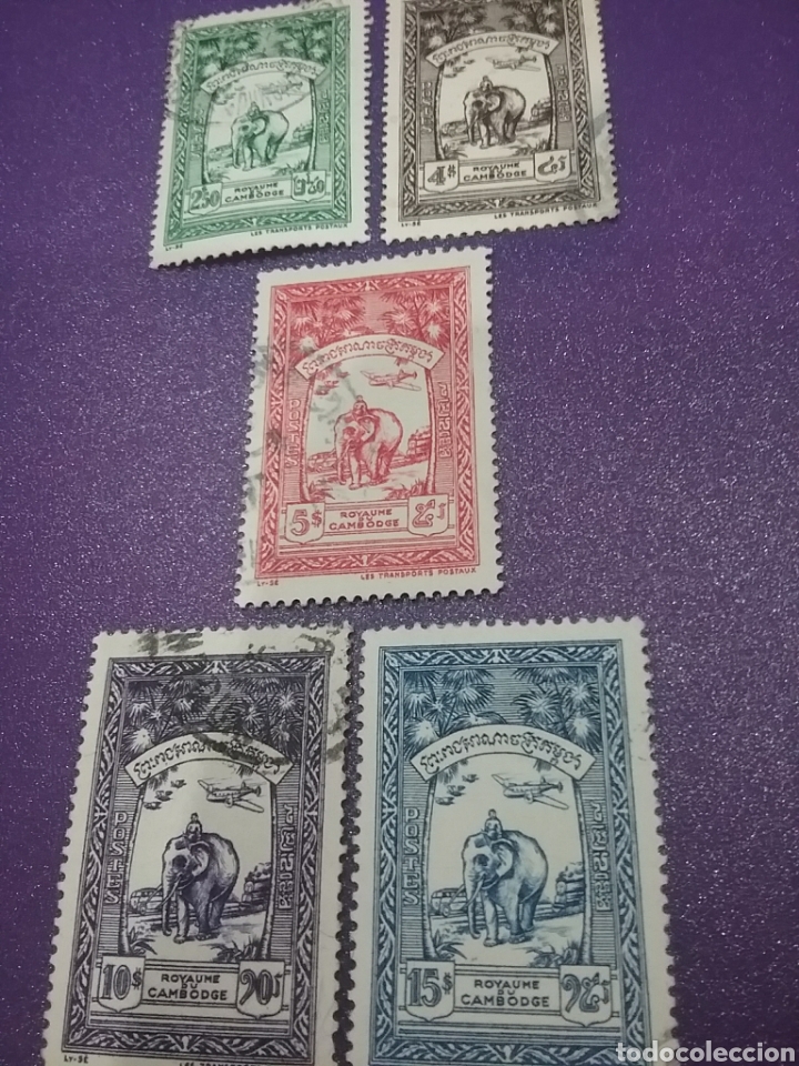Timbres: Sello Kampuchea (Camboya) mtdos(+/- bisagra)/1954/transporte/correo/aviones/elefante/fauna/mamifero