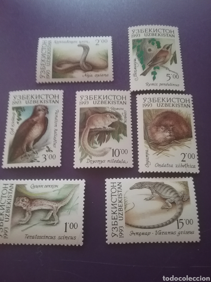 Timbres: Sello de Uzbekist&aacute;n nuevos/1993/fauna/local/animales/salvajes/serpiente/aves/lagarto/aguila/ardilla/