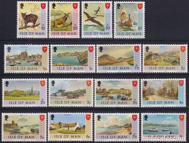 Timbres: F-EX29291 ENGLAND UK MAN IS MNH 1973 PERMANENT SET BIRD CATS SHIP LANDSCAPE.