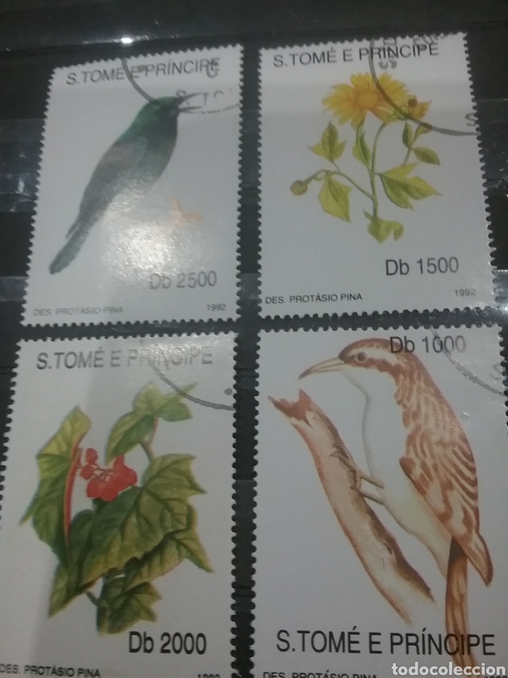 Timbres: Sello Tome y Principe mtdo/1992/flora/fauna/animales/pajaro/aves/cuervo/flores/plantas/amarilla/natu