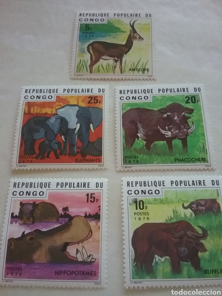 Timbres: Sello R. Congo (Brazaville) nuevos/1976/fauna/animales/salvajes/facoquero/elefante/hipopotamo/bufalo