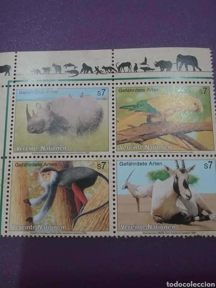 Selos: Sello N. Unidas (Viena) nuevo/1995/proteccion/peligro/extincion/fauna/piriquito/ave/simio/orice/rin/