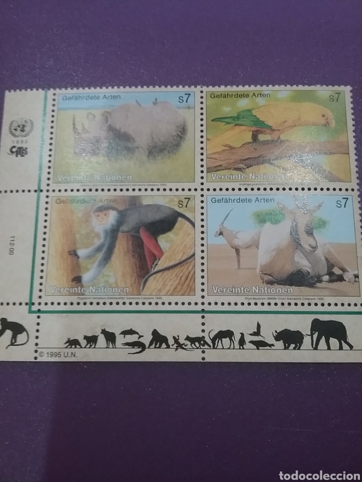Selos: Sello N. Unidas (Viena) nuevo/1995/proteccion/peligro/extincion/fauna/piriquito/ave/simio/orice/rin/