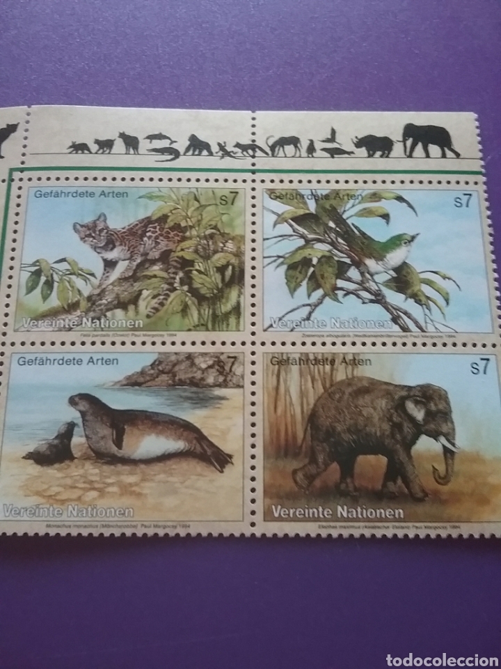 Selos: Sello N. Unidas (Viena) nuevo/1994/proteccion/peligro/extincion/fauna/pechiblanco/ocelote/elefante/f
