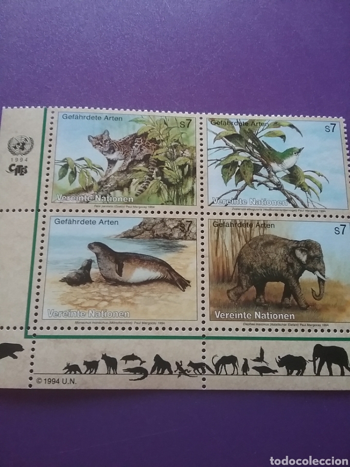 Selos: Sello N. Unidas (Viena) nuevo/1994/proteccion/peligro/extincion/fauna/pechiblanco/ocelote/elefante/f