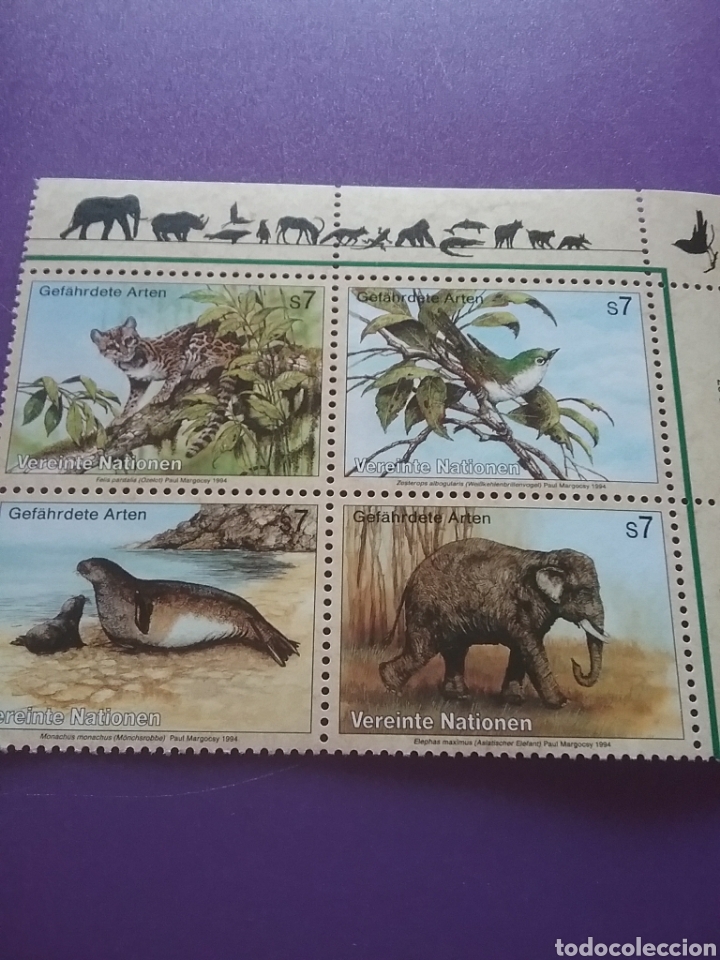 Selos: Sello N. Unidas (Viena) nuevo/1994/proteccion/peligro/extincion/fauna/pechiblanco/ocelote/elefante/f