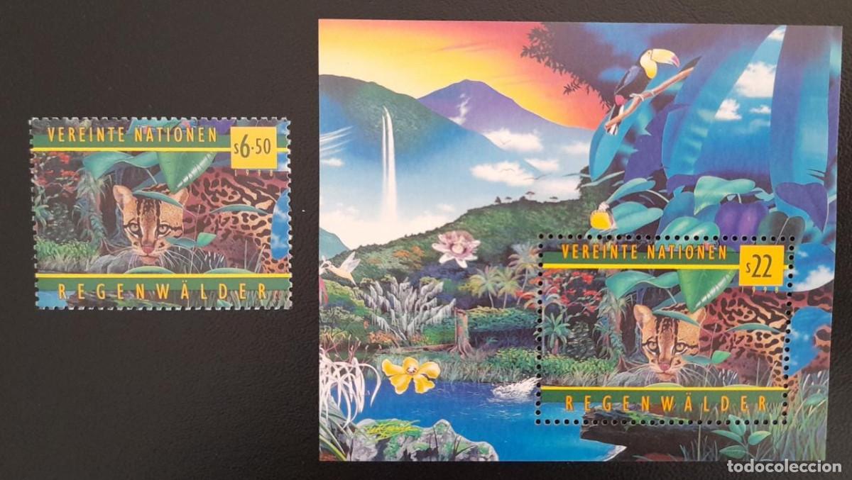 Sellos: SO) NACIONES UNIDAS, SELVA, FAUNA, FELINO, ANIMALES, NATURALEZA PLANTAS HERMOSO PAISAJE, TIMBRE Y HO